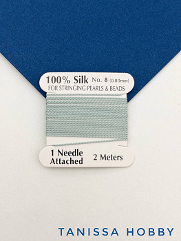 Нить для жемчуга и камней, шелк, 0,8мм, бирюзовый зеленый, катушка 2м + игла в комплекте, Ц096