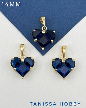 Подвеска сердце фианит синий 14мм, позолота, Ю323