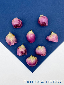 Подвеска цветок, бутон, роза в смоле, розовый, позолота, П012