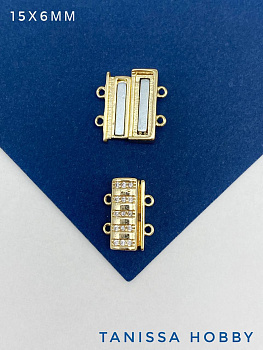 Замок магнитный многорядный на 2 нити с фианитами, 15х6мм, позолота, Р022