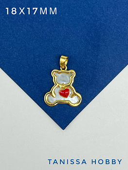 Подвеска медведь сердце, перламутр, позолота, Д711