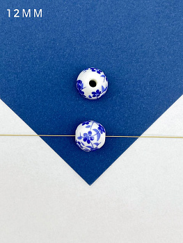 Бусина фарфоровая, керамика, 12мм, круглая, синий, гжель, штука, П247