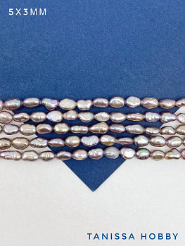 Жемчуг натуральный культивированный картошка, рис, сиреневый розовый, 5х3мм, А, нить, Ж188