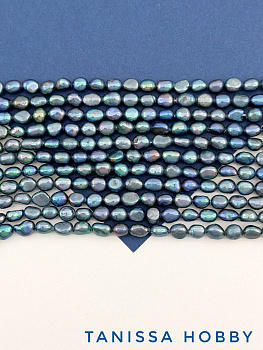 Жемчуг натуральный культивированный, барочный, синий сизый, 7мм, А, нить, Ж084