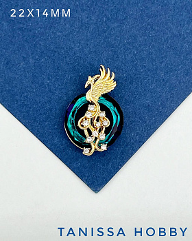 Подвеска птица Феникс, рондель Bermuda blue, позолота, Д140