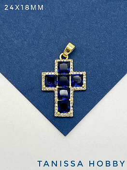 Подвеска крест с фианитами, синий, позолота, С510