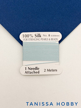 Нить для жемчуга и камней, шелк, 0,8мм, голубой, катушка 2м + игла в комплекте, Ц104