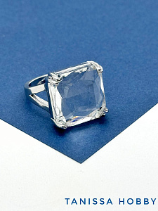 Кольцо безразмерное, кристалл квадрат 18мм, родий, У064