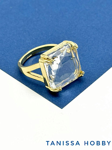 Кольцо безразмерное, кристалл квадрат 18мм, позолота, У065